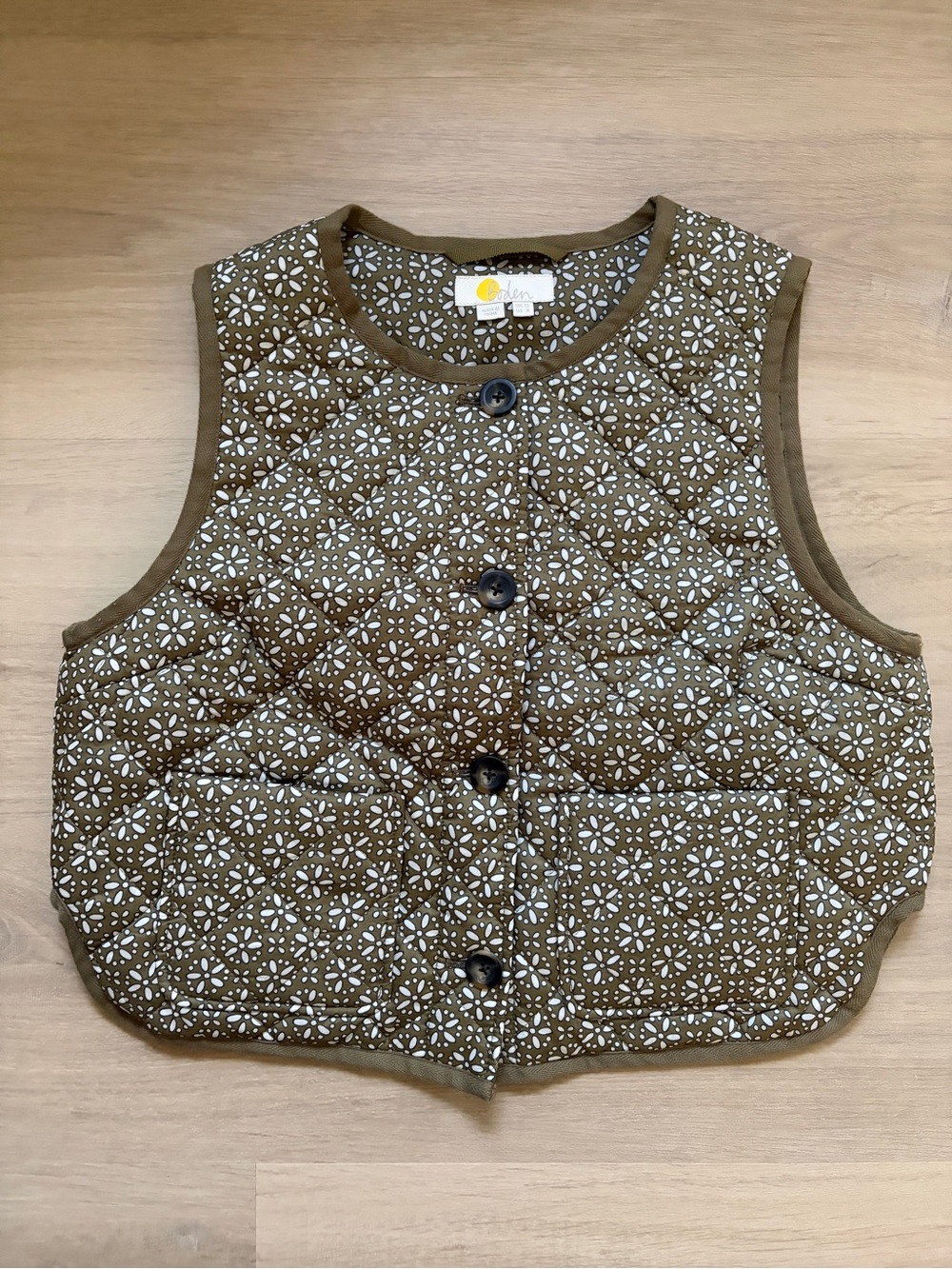 Boden Floral Quilted Vest Olive Brown Pink Trim 8